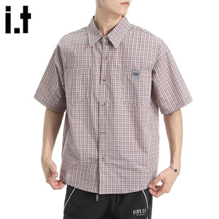 New Bcfauae NB红色格子条纹短袖衬衫男款新款夏季高级感上衣