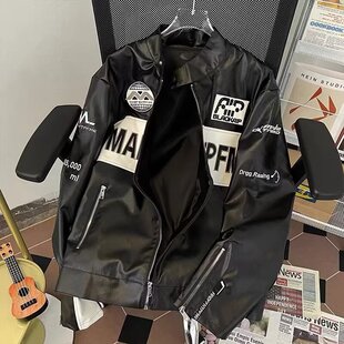 复古加棉PU皮赛车拉链机车服帅气刺绣宽松棒球 NB美式 New Bcfauae