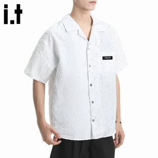 New Bcfauae NB美式白色裂纹短袖衬衫男款新款夏季高级感上衣