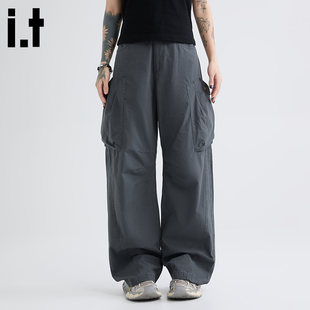 New Bcfauae NB灰色褶皱宽松工装裤阔腿弯刀裤男女款夏季长裤