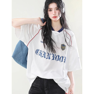 复古插肩撞色球衣短袖 NB川也美式 T恤男女街头V领over Bcfauae New