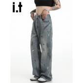 长裤 New 泼墨潮牌阔腿牛仔裤 做旧宽松直筒裤 Bcfauae NB男女同款