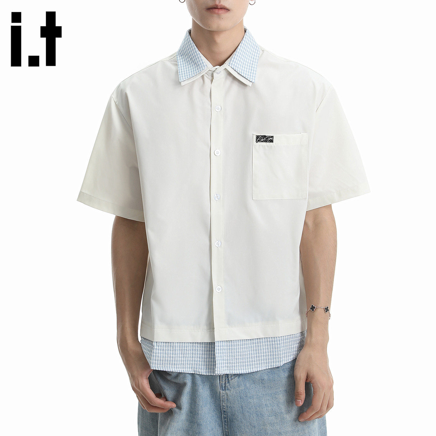 New Bcfauae NB拼接假两件短袖衬衫男款新款夏高级感宽松上衣