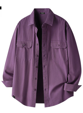 New Bcfauae NB紫色翻领长袖工装衬衫男款春秋季宽松休闲衬衣