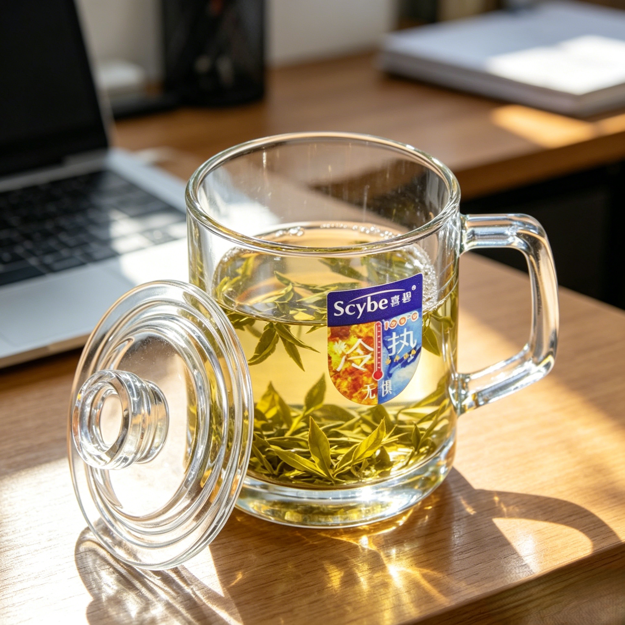 喜碧 耐热玻璃把杯泡茶杯热饮杯马克杯盖杯会议杯多功能杯 380ml
