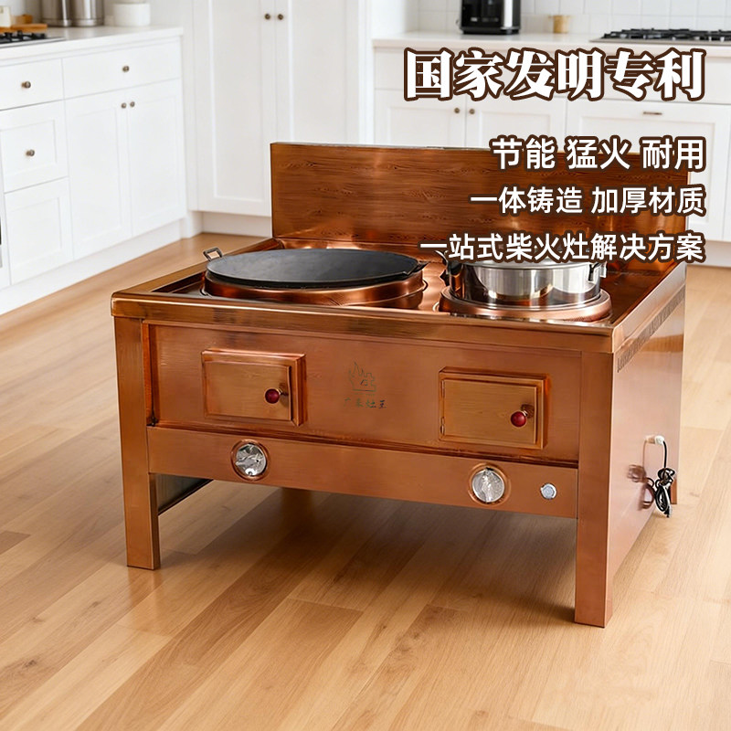 广东灶王新式乡村柴火灶烧木柴家用双口瓦斯炉口不锈钢移动大铁锅