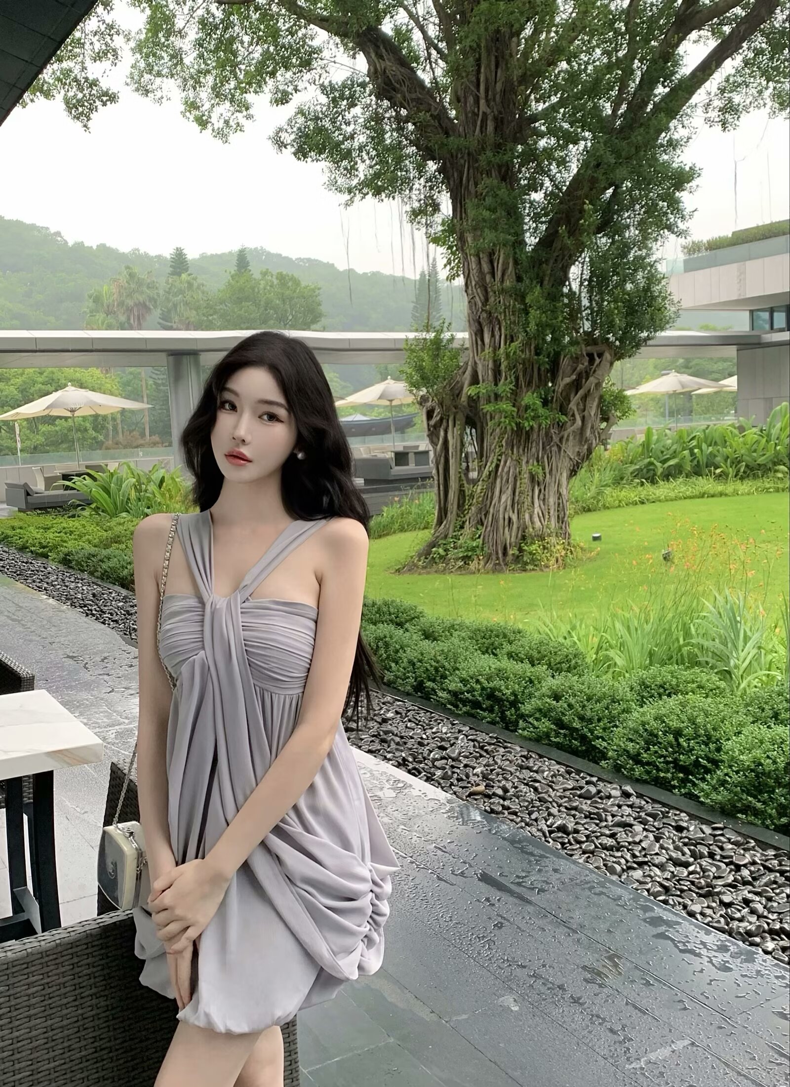 高级感超仙气质褶皱花苞连衣裙