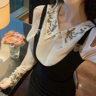 黑色吊带背带裙套装 林悠同款 油画珍宝娇俏减龄重工钉珠镂空衬衫