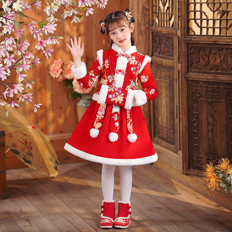 女童加绒汉服儿童民族风新年喜庆套装拜年旗袍女孩冬装公主连衣裙