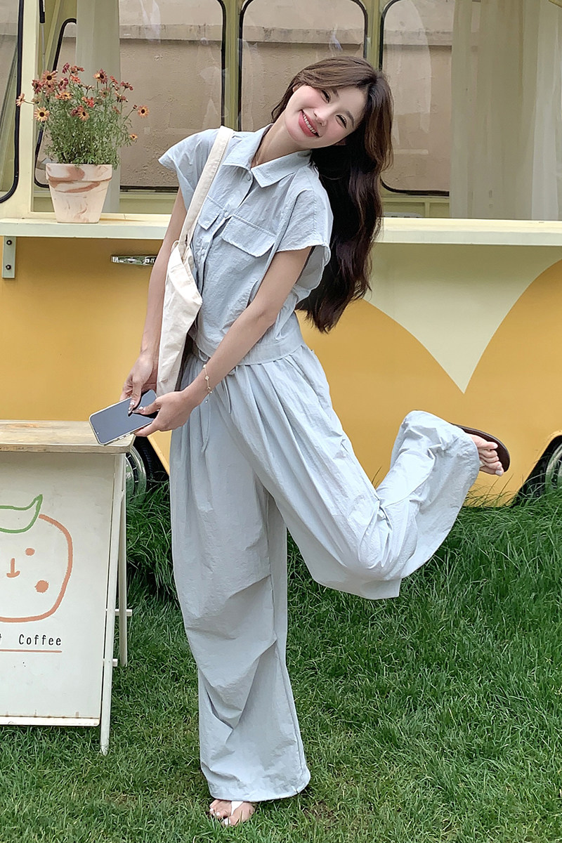 蓝色翻领短袖衬衫休闲裤套装女2025夏新款高级感显瘦阔腿裤两件套,女装套装/套裙,2C088