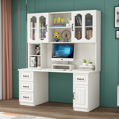 实木书桌书架组合一体卧室学习桌