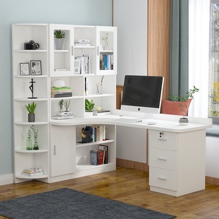转角书桌书架组合实木儿童卧室学习桌书柜一体家用学生台式 电脑桌