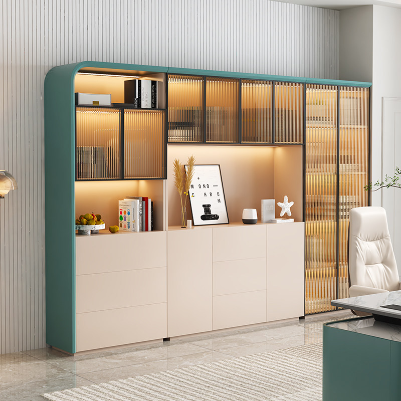 轻奢玻璃门书柜现代军校蓝书柜带置物架书柜2门4门落地书房大书橱