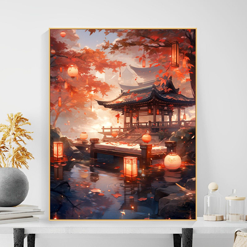 大唐盛世数字油画diy唯美红叶南亭古风风景手工填色客厅装饰画
