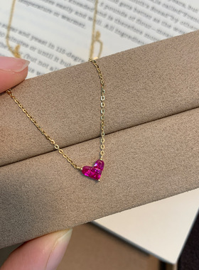 新款极简日系小红心项链925纯银mini红宝石桃心爱心吊坠