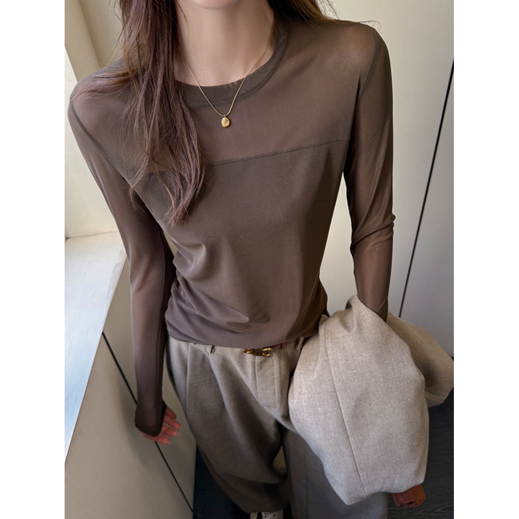 新款网纱拼接圆领长袖t恤女内搭休闲打底衫秋冬高级感可外穿上衣