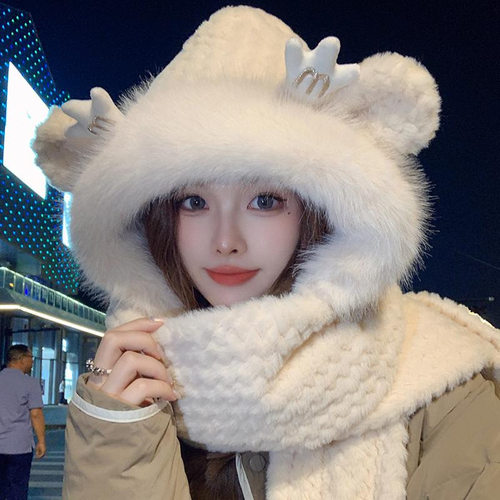 秋冬季2025新款帽子围巾一体女冬天保暖毛绒手套三件套可爱连帽潮