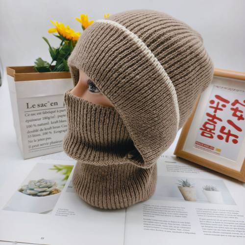 连体帽子男女加绒加厚围脖毛线一体帽骑车护脸防寒保暖针织毛线帽