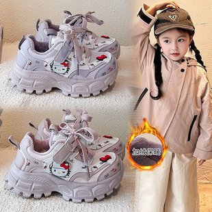 皮面防水女孩休闲鞋 2025冬季 可爱Kitty儿童老爹鞋 加绒女童运动鞋