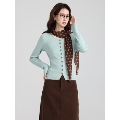 绿色单穿上衣设计感长袖针织开衫女2025秋冬季修身显瘦内搭打底衫