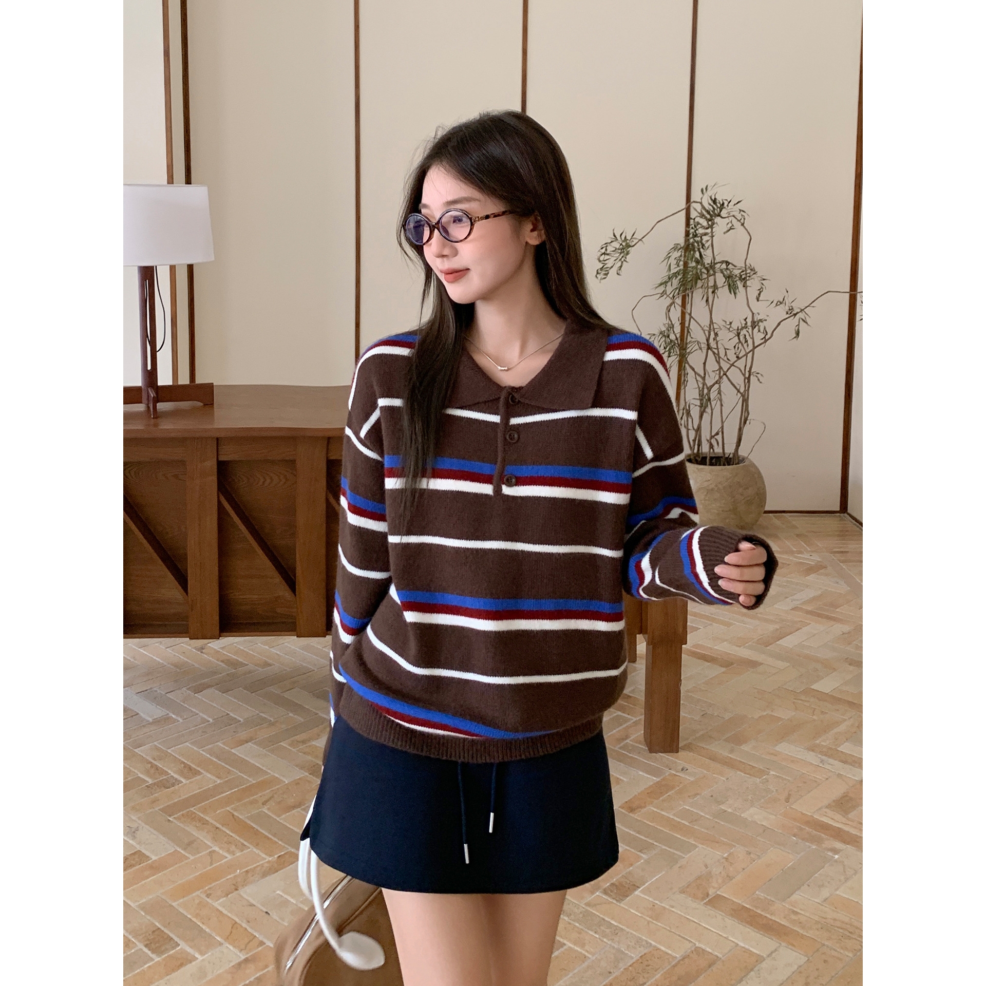 秋冬穿搭复古条纹设计感撞色翻领毛针织衫毛衣外套宽松显瘦上衣女