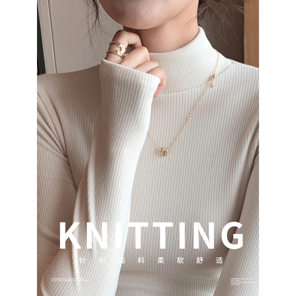 H527宽条纹纯色半高领针织衫女士内搭打底衫秋冬上衣百搭修身毛衣