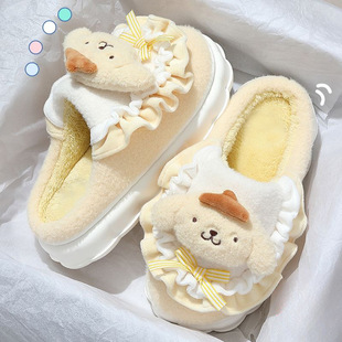 毛绒狗卡通保暖学生宿舍棉拖鞋 可爱棉鞋 女加厚 布丁室内外拖鞋 冬季