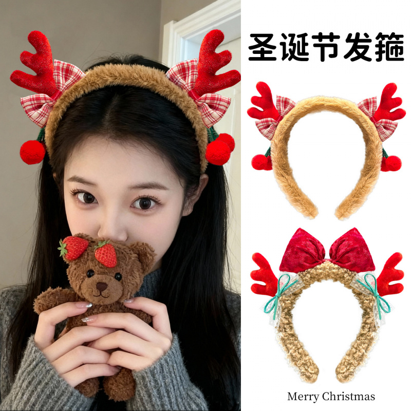 2026新款圣诞节毛绒蝴蝶结发箍女拍照装扮可爱红鹿角头箍成人发饰