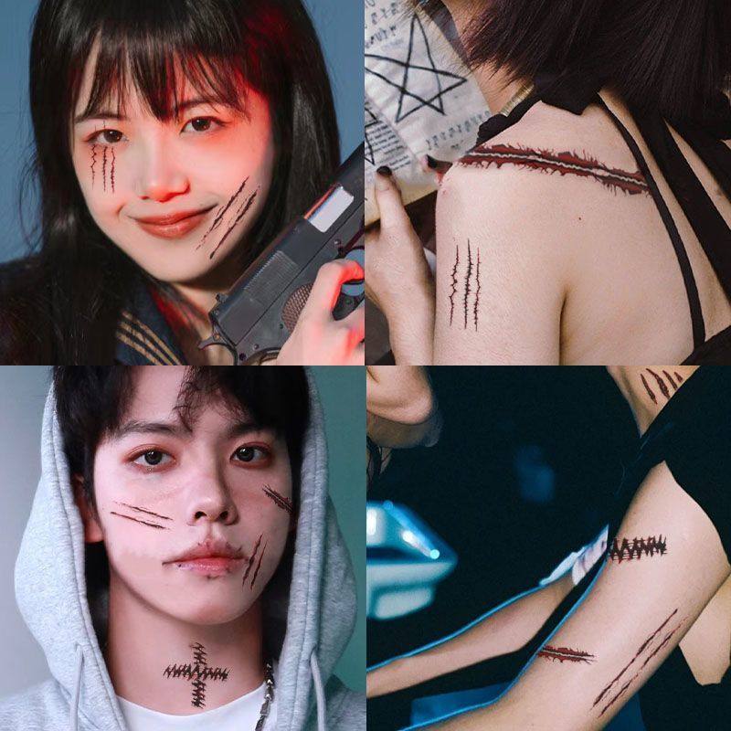 万圣节纹身贴 仿真恐怖流血假伤口咬痕缝线伤疤 派对酒吧妆容脸贴