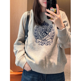 英伦风刺绣徽章灰色卫衣女加绒显瘦宽松上衣