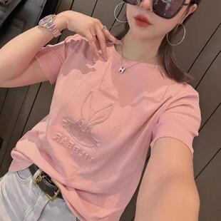 T恤女2025新款 欧洲站短袖 卡通兔子纯棉体恤百搭带钻上衣欧货体恤T