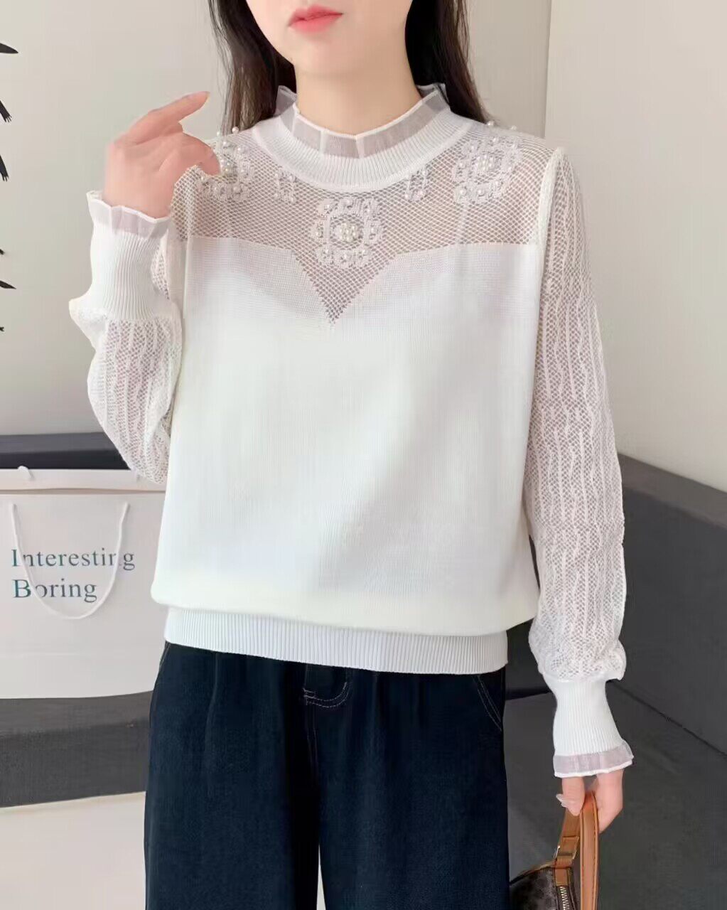 蕾丝花边半高领镂空钉珠纱袖Tt恤衫女2026年春夏薄时尚别致针织衫