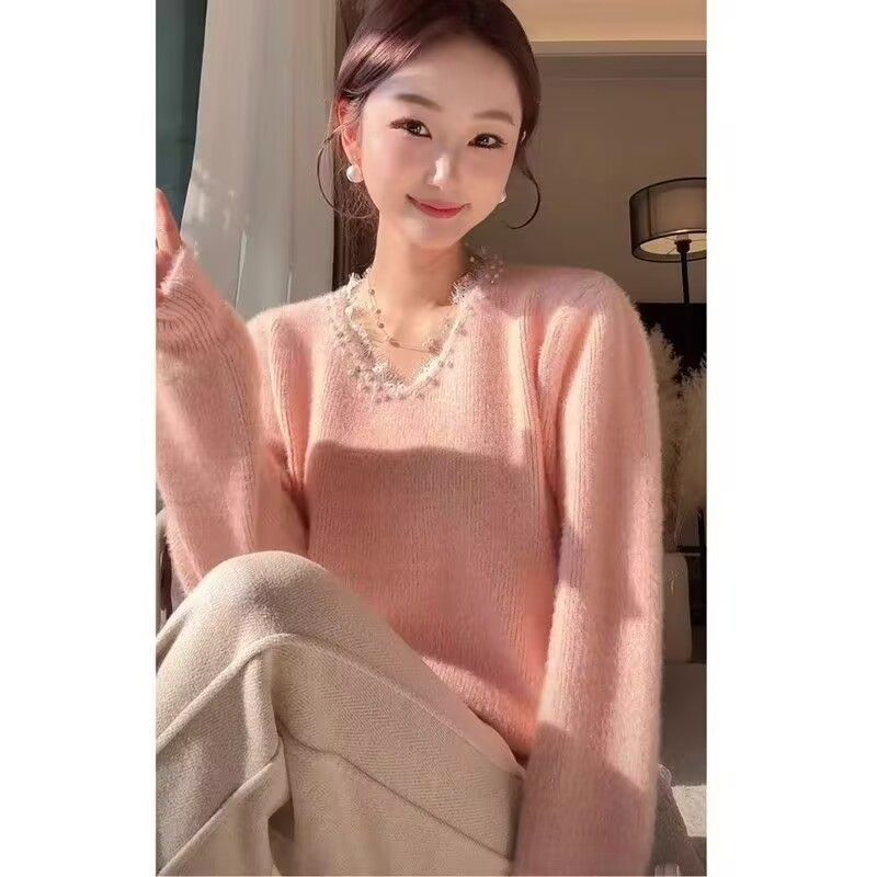 法式温柔风甜美蕾丝V领钉珠毛衣女秋冬韩系穿搭超好看上衣针织衫,女装/女士精品,毛衣,淘宝优惠券,粉丝福利购,淘宝优惠卷