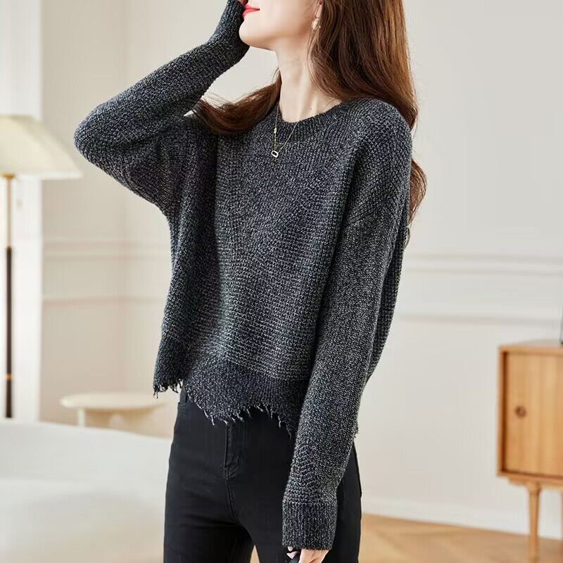 韩国东大门流苏不规则短款毛衣女秋冬时尚洋气百搭针织打底衫上衣