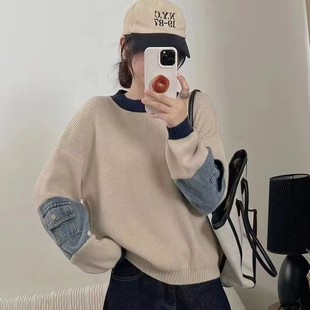 欧货别致设计牛仔拼接撞色针织衫 女秋冬慵懒风时尚 休闲毛衣打底衫