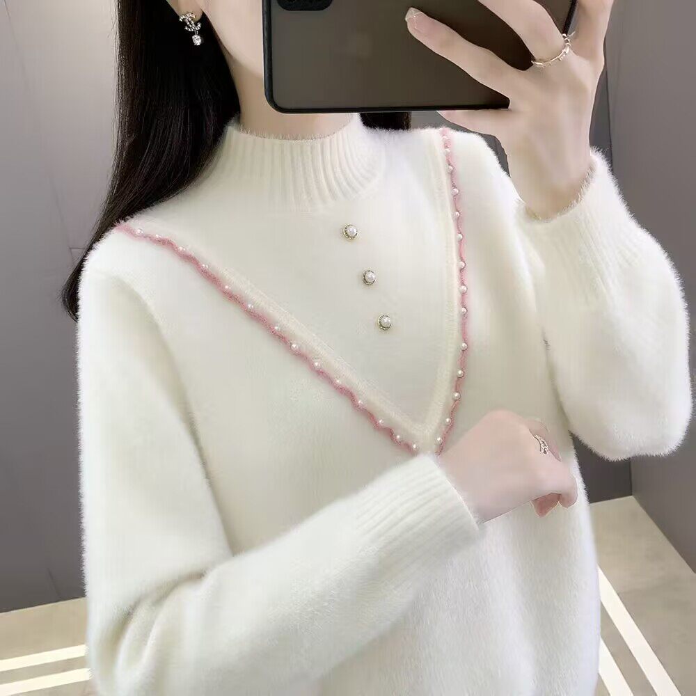 小清新甜美水貂绒钉珠半高领毛衣女秋冬假两件洋气打底针织衫上衣