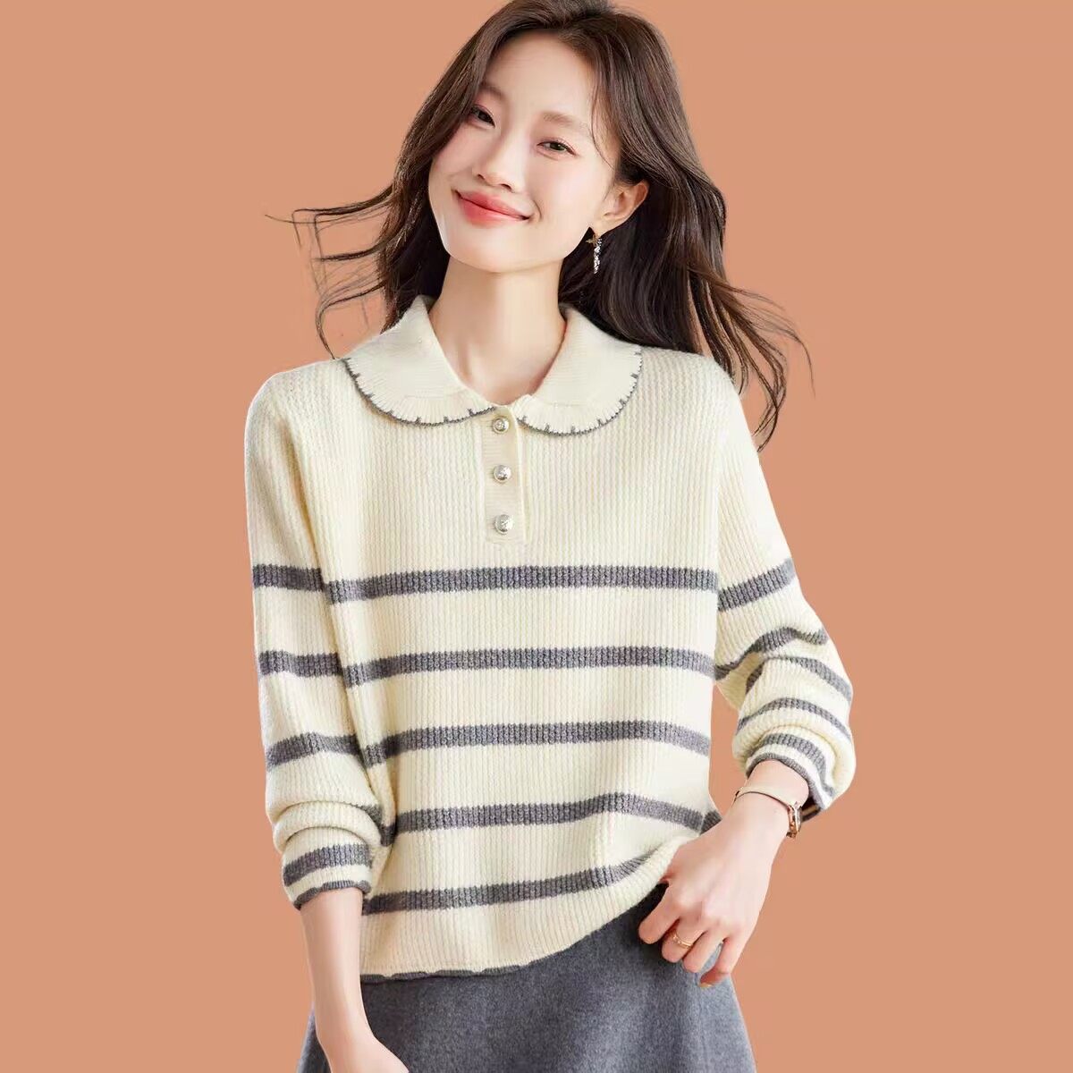 温柔风软糯撞色条纹娃娃领针织衫女秋冬时尚洋气外穿翻领毛衣上衣,女装/女士精品,毛衣,淘宝优惠券,粉丝福利购,淘宝优惠卷