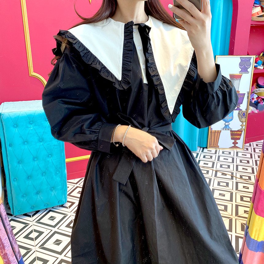 Korean ear edge irregular pointed collar versatile dress