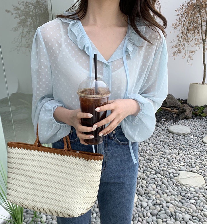 Double layer lapel and dot single breasted top with ear edge