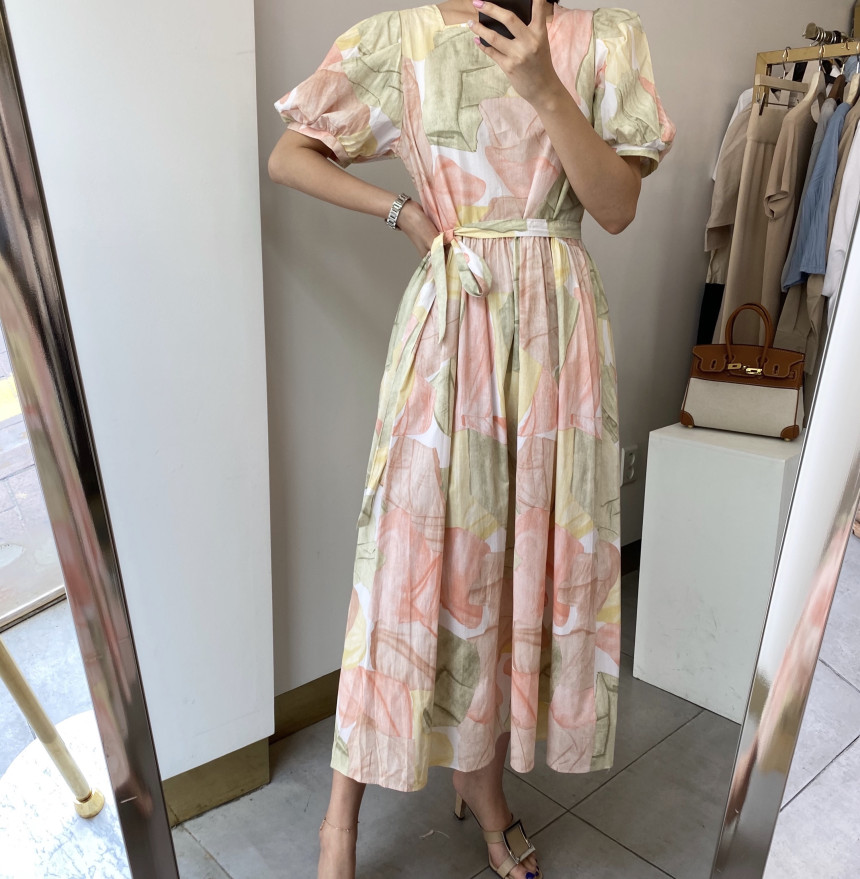 Retro square neck loose halo dye contrast bubble sleeve waist dress