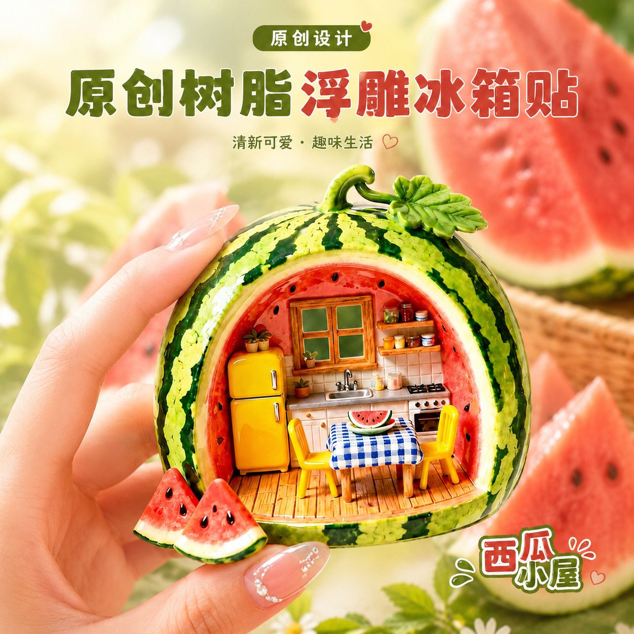 西瓜小屋树脂3D浮雕磁吸冰箱贴