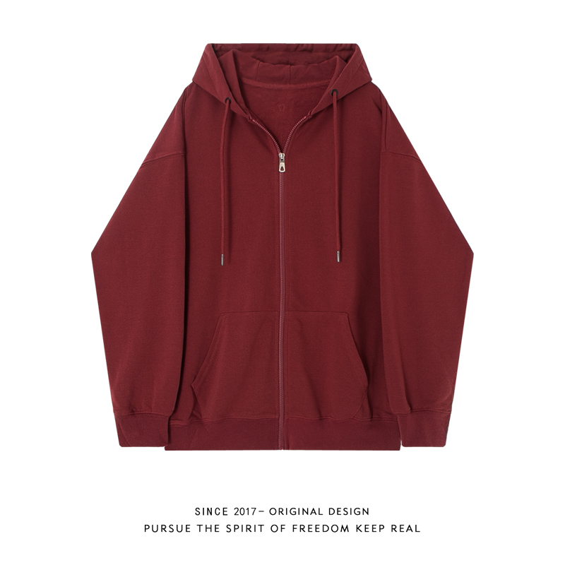 纯棉酒红色拉链开衫卫衣外套女春秋宽松韩系2025新款连帽红色情侣