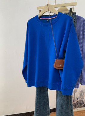 【断码清仓1件25，两件39】蓝色卫衣女春秋薄款圆领无帽大码宽松