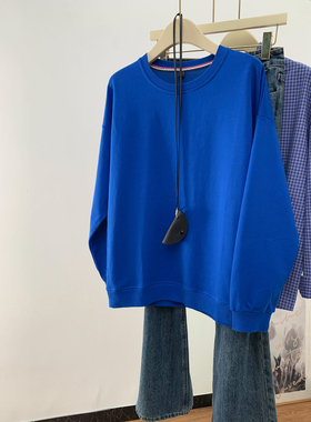 【断码清仓1件25，两件39】蓝色卫衣女春秋薄款圆领无帽大码宽松
