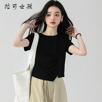短袖女t恤夏季2025新款正肩半袖夏日漂亮小上衣服短款设计感黑色