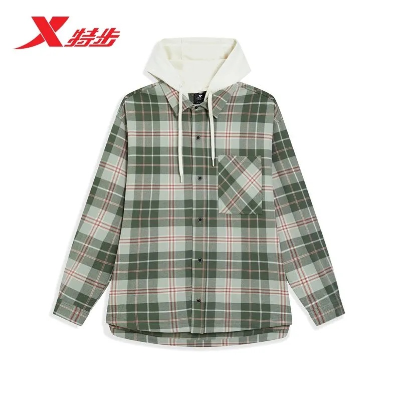 特步长袖衬衫男休闲连帽夹克外套