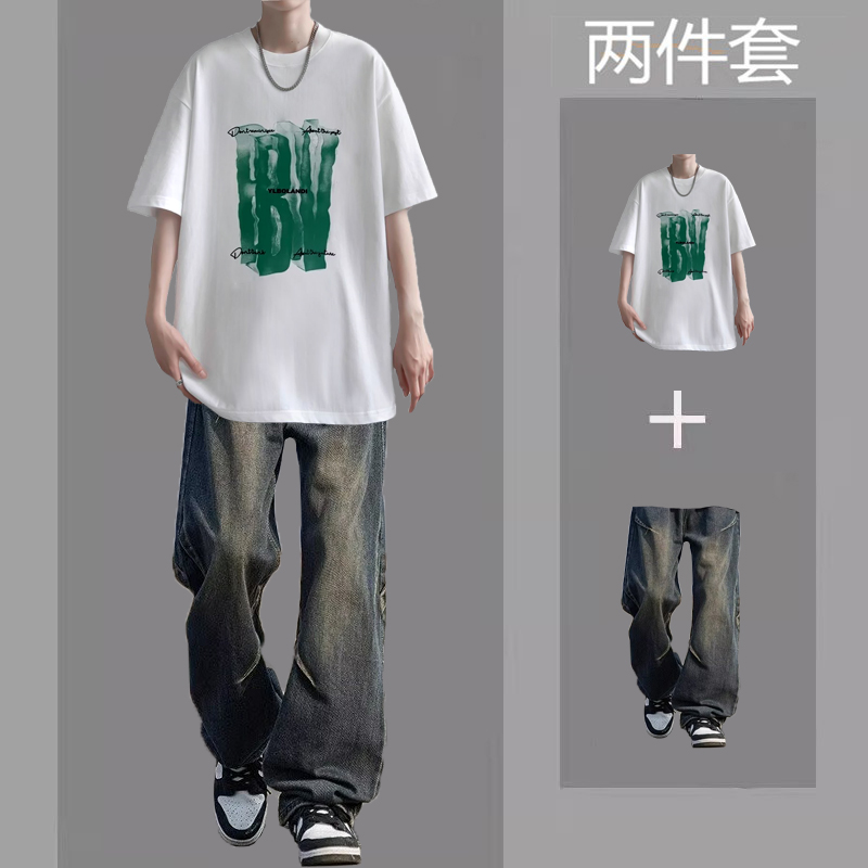 美式潮牌短袖T恤男士夏季套装