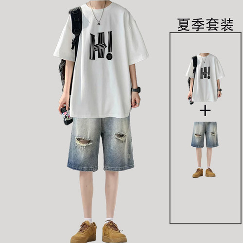 夏季美式短袖t恤男生痞帅套装