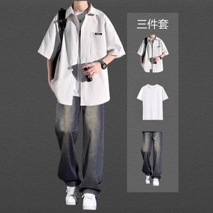 衬衫 衬衣外套青少年学生帅气穿搭三件套男装 男士 夏季 休闲套装 短袖