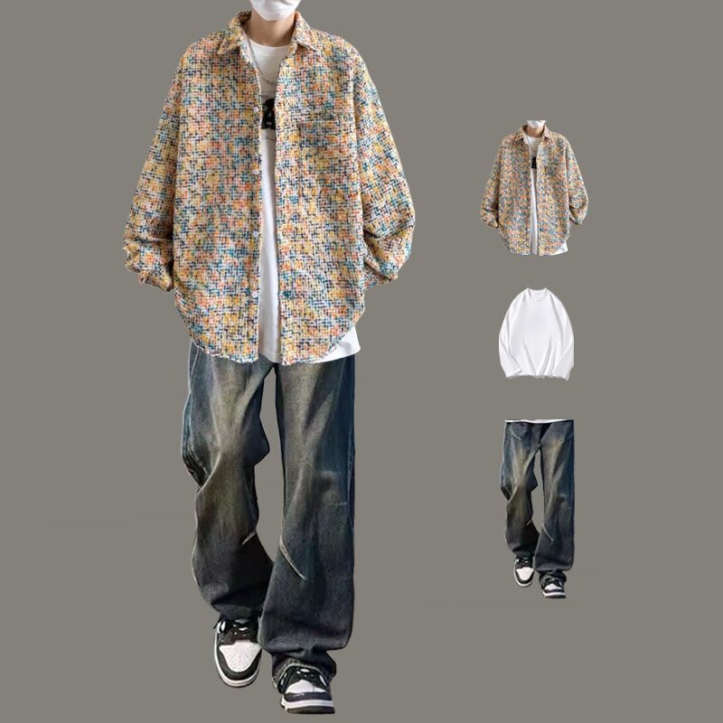 小香风外套男生秋季2024新款设计感痞帅搭配高级衬衫外套潮牌套装,男装,时尚套装,淘宝优惠券,粉丝福利购,淘宝优惠卷